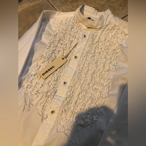 Authentic Diesel White Ruffle Circle collar button down New with Tags